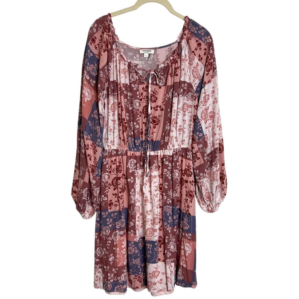 Andree by Unit Floral Patchwork Dress Large Pink Blue Boho Long Sleeve